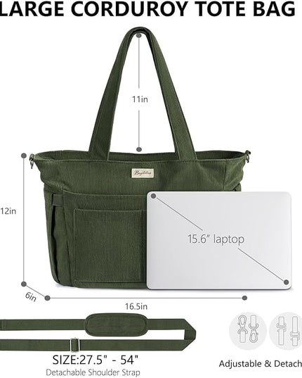Corduroy Tote Bag for Women, 17 Pockets Laptop Work Tote Bag Lightweight Teacher Nurse Bible Bag for School Travel | with 40oz Cup Holder, Multi Compartment, Zipper Crossbody Bag, College Shoulder Bag, Daily Purse w/ Strap, Ideal Gift for Women