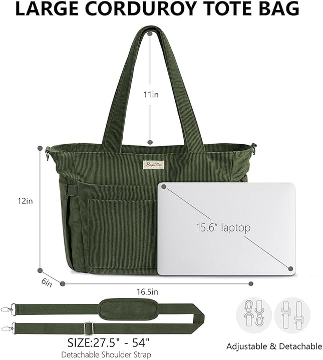 Corduroy Tote Bag for Women, 17 Pockets Laptop Work Tote Bag Lightweight Teacher Nurse Bible Bag for School Travel | with 40oz Cup Holder, Multi Compartment, Zipper Crossbody Bag, College Shoulder Bag, Daily Purse w/ Strap, Ideal Gift for Women