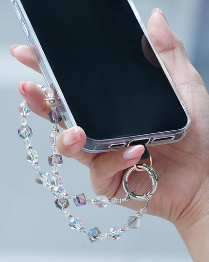 Cell Phone Wrist Strap Crystal Beaded Phone Bracelet Strap For Women Sparkling Beads Wristlet Lanyard Beaded Chain (Transparent Rainbow)