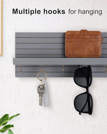 Lwenki Decorative Key Holder for Wall with Shelf, Entryway Shelf with Hooks Holds Leashes, Jackets and Glasses – Sturdy Wood Keyholder Entrance Hanger with Mounting Hardware (Gray, Medium)