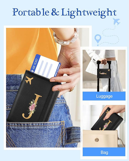 Slohif Initial Passport Holder Cover Wallet Case for Travel Women - Leather Letter Passport Book Family Multiple Personalized Organizer Card Slots Protector Sleeve Essentials Slim Carrier J Black