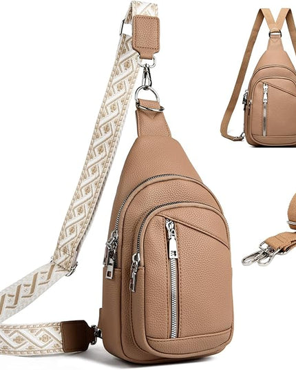 Sling Bag Crossbody Backpack - 2 in 1 Leather Cross Body Bag Fanny Pack with 2 Removable Straps