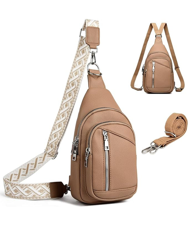 Sling Bag Crossbody Backpack - 2 in 1 Leather Cross Body Bag Fanny Pack with 2 Removable Straps