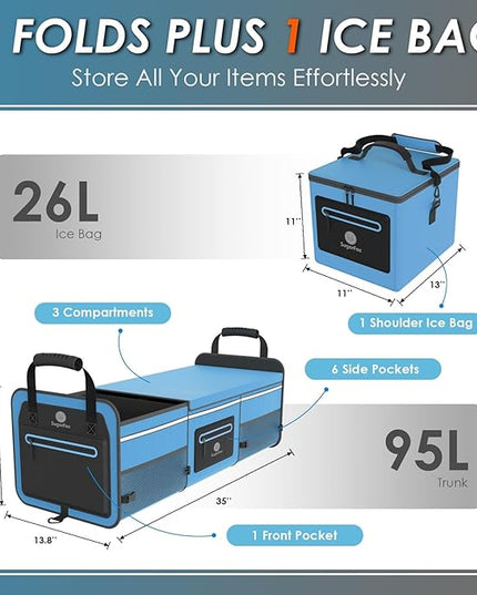 95L Car Trunk Organizer & Storage With 26L Ice Pack, Waterproof Foldable | Trunk Organizers for SUVs & Cars, Car Storage Organizer, Great Gift for Drivers (Blue-M004)