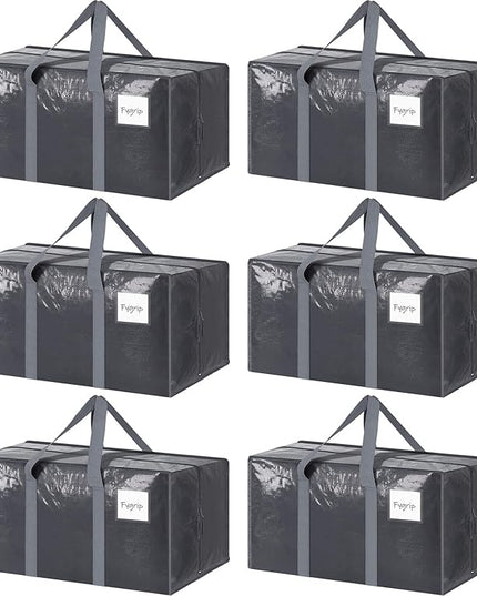 6 Pack Extra Heavy Duty Large Moving Bags with Strong Zipper & Comfortable Handles, Sturdy & Durable Clothes Storage Bags Totes Bins, Packing Moving Boxes for College Supplies, Gray