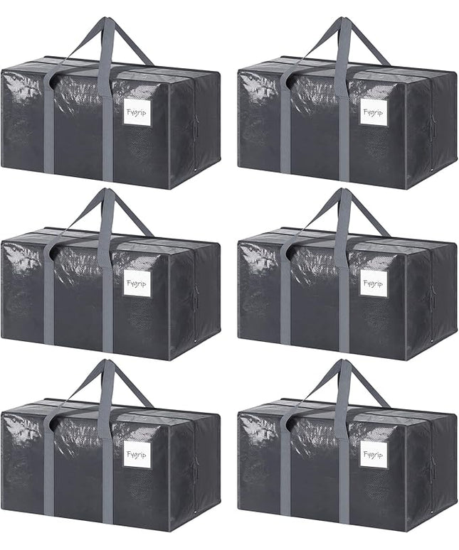 6 Pack Extra Heavy Duty Large Moving Bags with Strong Zipper & Comfortable Handles, Sturdy & Durable Clothes Storage Bags Totes Bins, Packing Moving Boxes for College Supplies, Gray