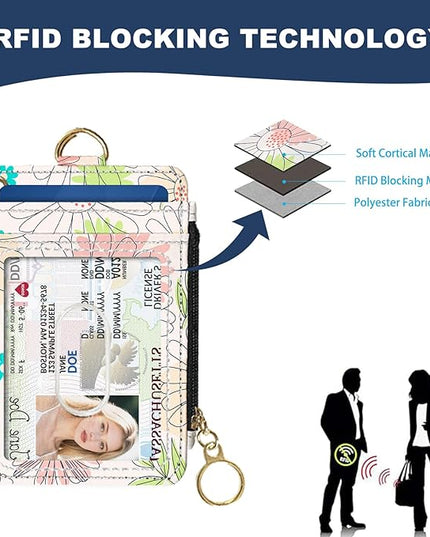 Slim Wallet Credit Card Holder, Line Flower, RFID Wallet Women Cute Small Front Pocket Wallet With Zipper, PU Leather Thin travel RFID Blocking Card Case ID Window,Ladies Gifts