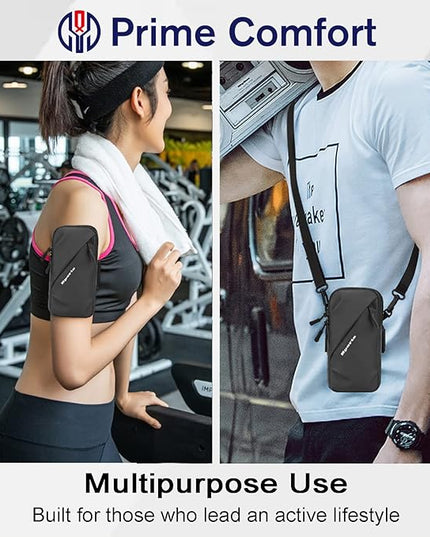 Phone Holder Arm Band, Small Crossbody Shoulder Holsters Bag with Arm Bands, Fits iPhone and Android, Use for Running, Walking, Hiking & Biking (6.7 Inches, Black)