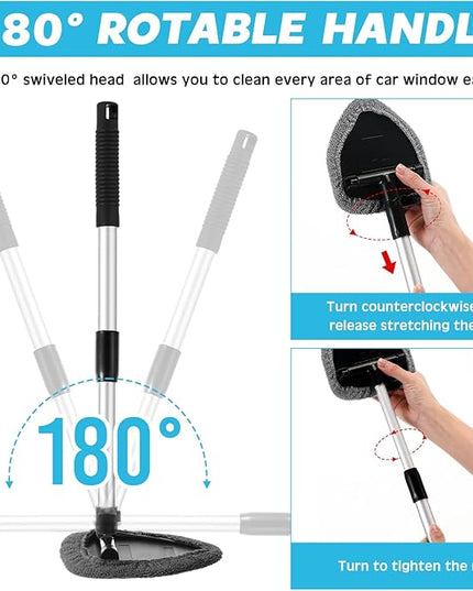 Baderke 10 Pcs Windshield Cleaner Tool Car Window Cleaning Supplies with Extendable Handle Include 6 Washable Microfiber Bonnets 2 Empty 60ml Spray Bottle Glass Wiper Kit (Gray)