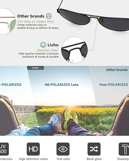 livho Sunglasses for Men Women Aviator Polarized Metal Mirror UV 400 Lens Protection
