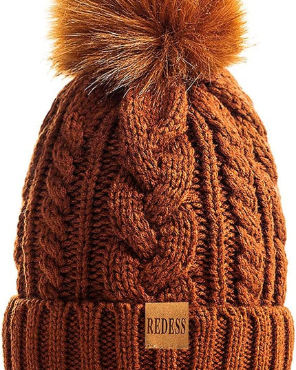 REDESS Women Winter Pompom Beanie Hat with Warm Fleece Lined, Thick Slouchy Snow Knit Skull Ski Cap