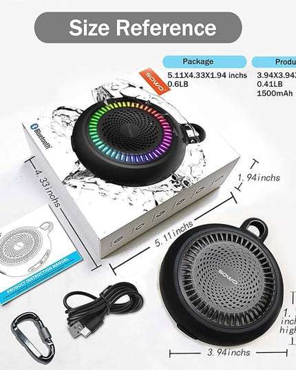SOWO Shower Speaker Bluetooth Waterproof | Small Portable Wireless Bluetooth Speaker with Clip | Powerful Bass and Louder Volume | Colorful Lights and Lightweight | for Bathroom,Travel,Beach | Black