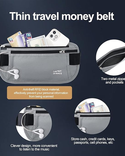 RFID Blocking Money Belt for Men Women, Slim Fanny Pack For Travel，Running,Conceal Waist Wallet For Passport Holder,Phone,Cash(Black Light Grey)