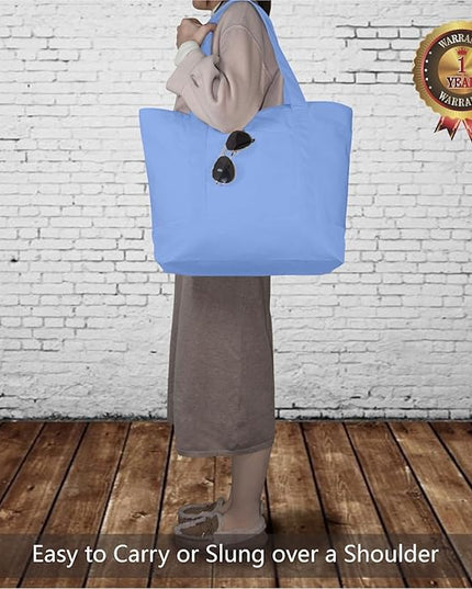 TOPDesign 1-Pack Canvas Tote Bag with an External Pocket, Reusable Grocery Shopping Bag, Top Zipper Closure, Daily Essentials (Light Blue)