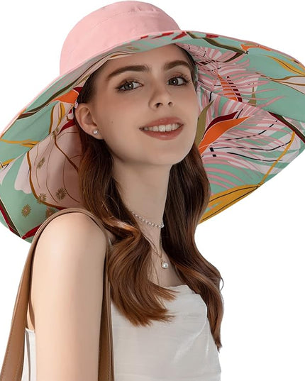 HUAMULAN Women Summer Sun Hat Wide Brim Wired Edge Floral Beach Bucket Hats Reversible Foldable Travel UV Protection Lady Hat