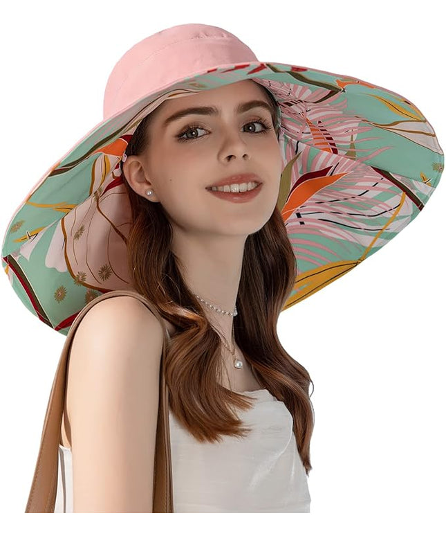 HUAMULAN Women Summer Sun Hat Wide Brim Wired Edge Floral Beach Bucket Hats Reversible Foldable Travel UV Protection Lady Hat