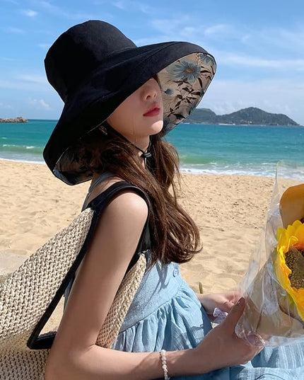 HUAMULAN Women Summer Sun Hat Wide Brim Wired Edge Floral Beach Bucket Hats Reversible Foldable Travel UV Protection Lady Hat