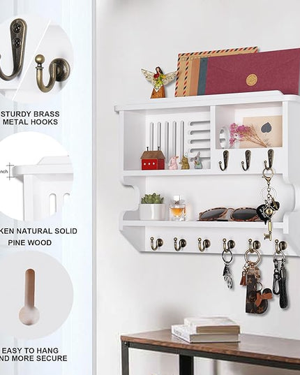 Mutsault Key Holder for Wall, Mail and Key Holder for Home Decor, Key and Mail Holder for Wall with Key Hooks, White