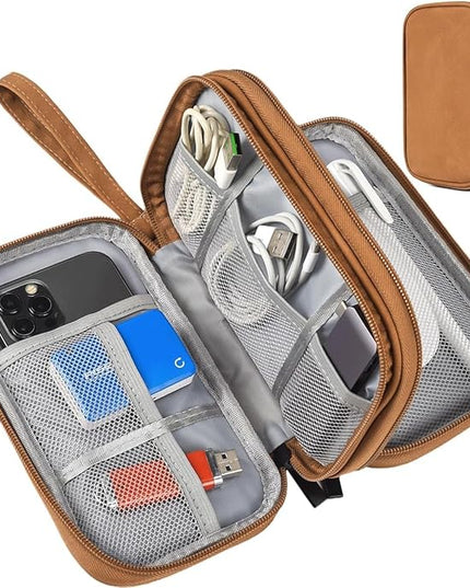 Electronic Organizer Travel Cable Accessories Case, Electronic Organizer Bag, Waterproof Electronic Accessories Organizer Case for Power Bank, Charging Cords, Chargers, Earphone, USB Cable - Brown