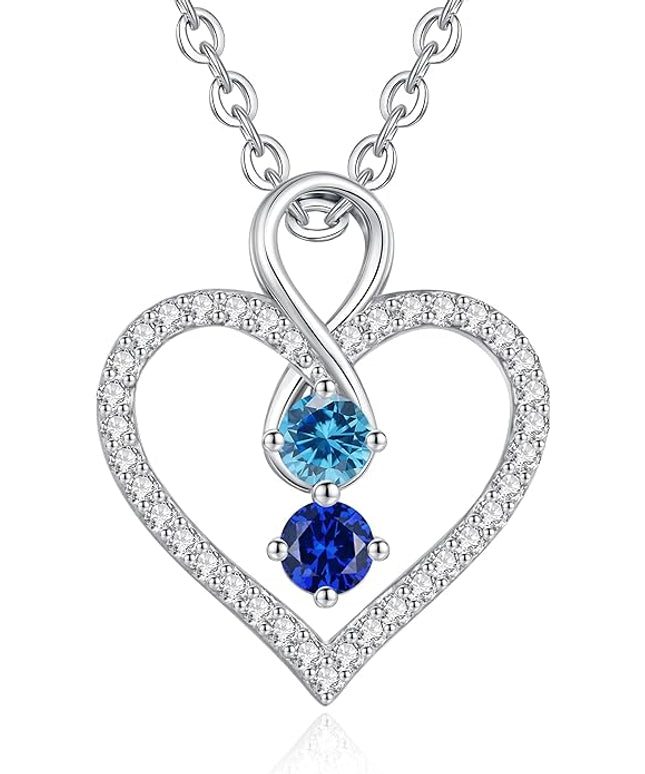 LOUISA SECRET Infinity Double Birthstone Necklace, 925 Sterling Silver Tiny Pendant Heart Necklace for Women Wife Her, Best Jewelry Gift Heart Jewelry Meaningful Gift for Valentine's Day, Christmas, Birthday Anniversary