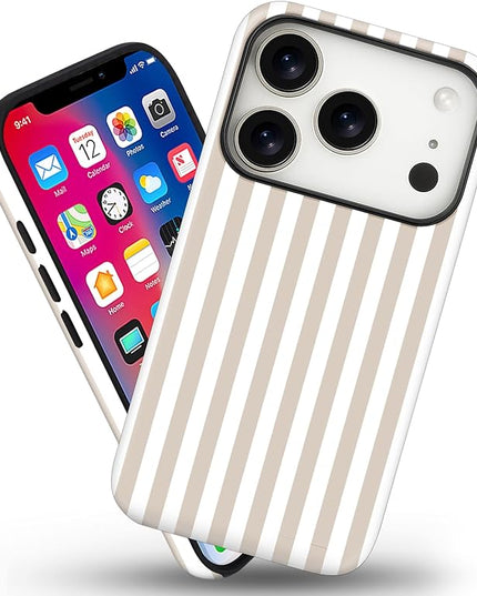 Magnetic for iPhone 17 Pro Max Case Cute Stripes Phone Case, Shockproof Slim TPU and Hard PC Protective Phone Cover Compatible with MagSafe Designed for Women Girls, Apricot