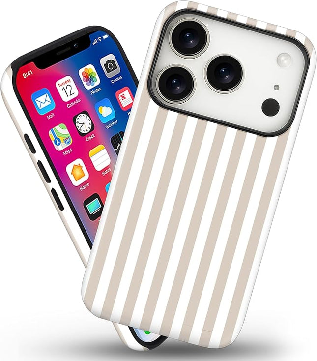 Magnetic for iPhone 17 Pro Max Case Cute Stripes Phone Case, Shockproof Slim TPU and Hard PC Protective Phone Cover Compatible with MagSafe Designed for Women Girls, Apricot