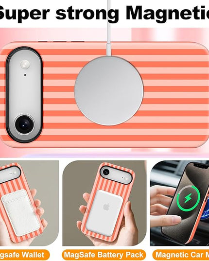 Magnetic for iPhone 17 Air Case Cute Stripes Phone Case, Shockproof Slim TPU and Hard PC Protective Phone Cover Compatible with MagSafe Designed for Women Girls, Deep Orange