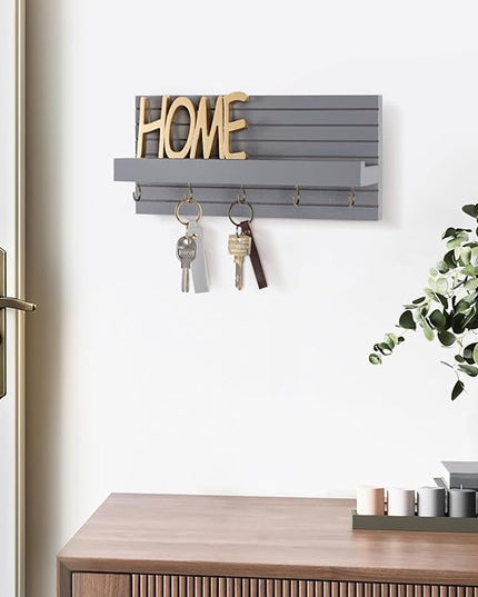 Lwenki Decorative Key Holder for Wall with Shelf, Entryway Shelf with Hooks Holds Leashes, Jackets and Glasses – Sturdy Wood Keyholder Entrance Hanger with Mounting Hardware (Gray, Medium)