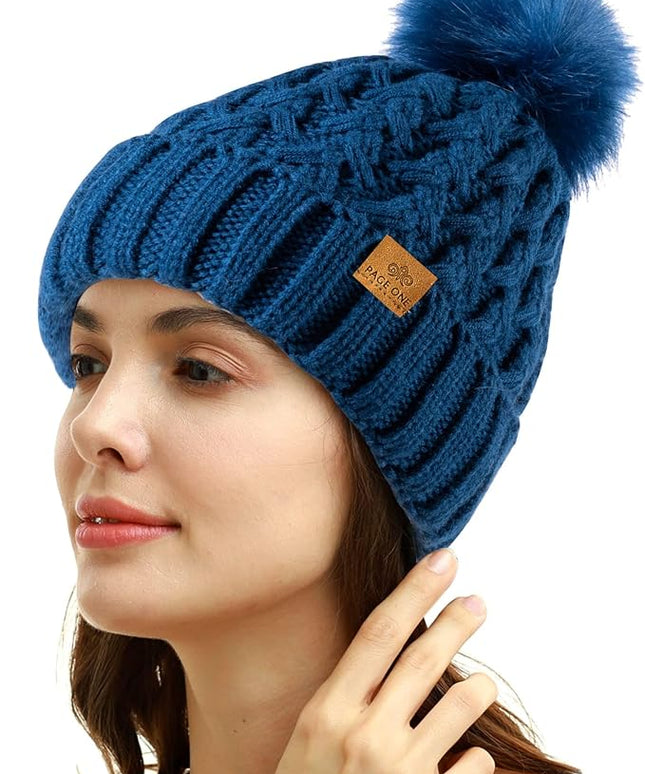 PAGE ONE Womens Winter Ribbed Beanie Crossed Cap Chunky Cable Knit Pompom Soft Warm Hat