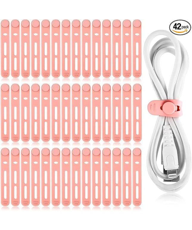 42 Pcs Silicone Cable Ties Reusable Cord Straps Multipurpose Elastic Cable Organizer for Bundling Fastening Earphone Phone Charger Home Office School (Pink,3.15 Inch)