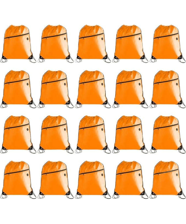 CODOBON 20PCS Drawstring Bag Sports Gym String Backpack Bulk Cinch Sackpack with 2 layer Zip pocket for Gym Traveling (20, orange) (Orange)