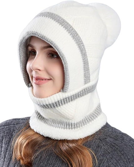 HUAMULAN Women Winter Beanie Hats One Piece Fleece Lined Knit Balaclavas Mask Set Skull Neck Circle Scarf Ski Snow Hat Pompom