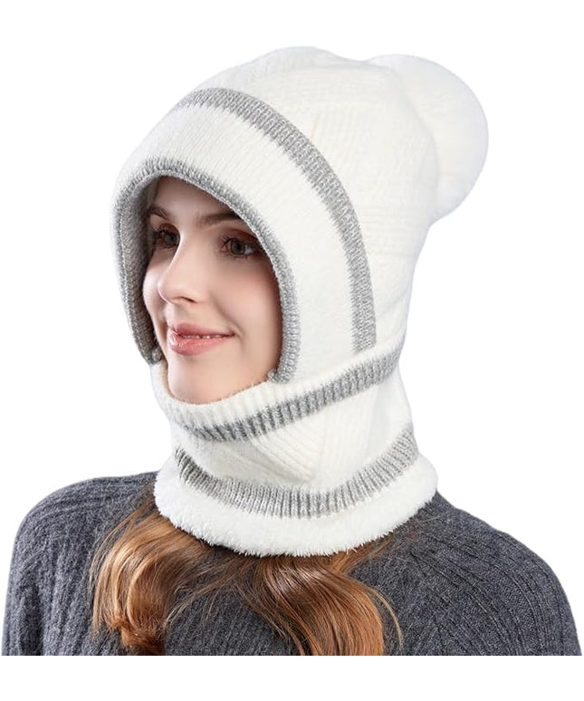 HUAMULAN Women Winter Beanie Hats One Piece Fleece Lined Knit Balaclavas Mask Set Skull Neck Circle Scarf Ski Snow Hat Pompom