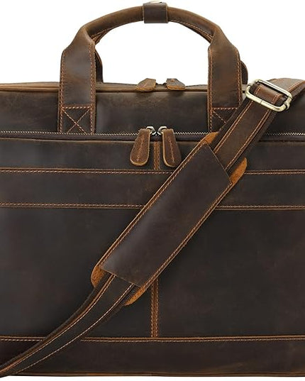 Jack&Chris Full Grain Leather Briefcase for Men, Business Messenger Bag Laptop Bag Attache Case, Fits 15.6 Inch Laptop