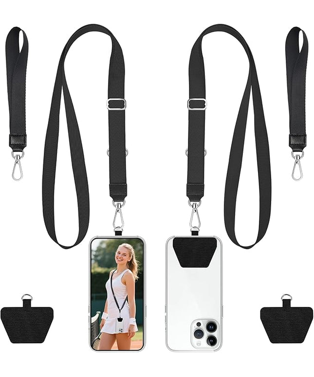 takyu Phone Lanyard, 2 Pack Adjustable Anti-Drop Neck/Wrist Strap with 2 Pcs Tether Patches, Secure Hands-Free Compatible for iPhone Samsung Perfect for Nurses, Teachers, Travel, Hiking Black