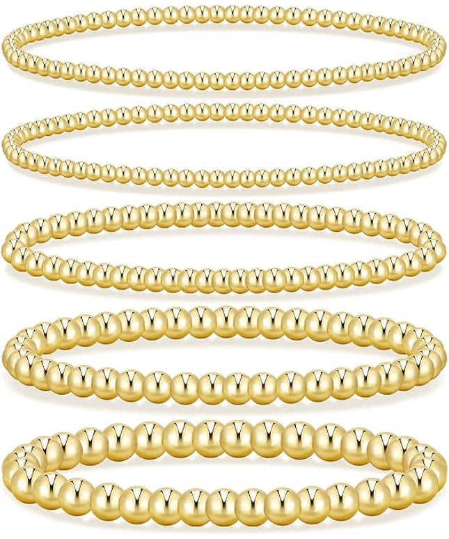 Gold Beaded Bracelets for Women, 14K Real Gold Plated Jewelry for Women Dainty Pearl Bead Bracelets Stack, Non Tarnish Trendy Stackable Ball Cross Stretch Bracelet Set Fashion Accessories Gifts