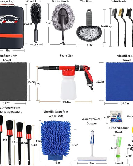 AUTODECO 33Pcs Car Wash Detailing Kit Cleaning Kits with Foam Gun Sprayer Brush Large Wash Mitt Towels Complete Interior Exterior Car Washing Supply Set Blue