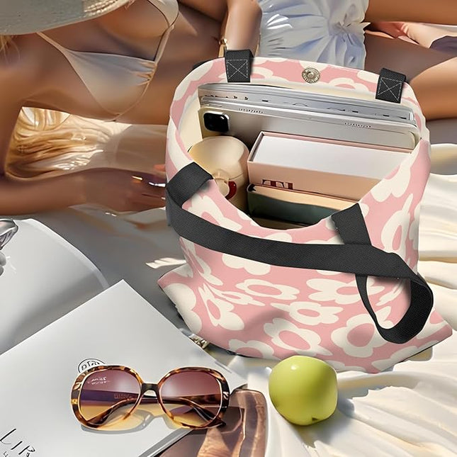 Canvas Tote Bag for Women，Cute Heavy-Duty Shoulder Bag with Zipper Pocket -Travel Tote for Grocery, Gym,Shopping