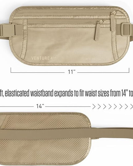 VENTURE 4TH Money Belt for Travel – Hidden Under-Clothes RFID Blocking Passport Holder & Slim Travel Wallet Pouch for Men & Women to Protect Cash, Cards & Documents (Sleek Beige)
