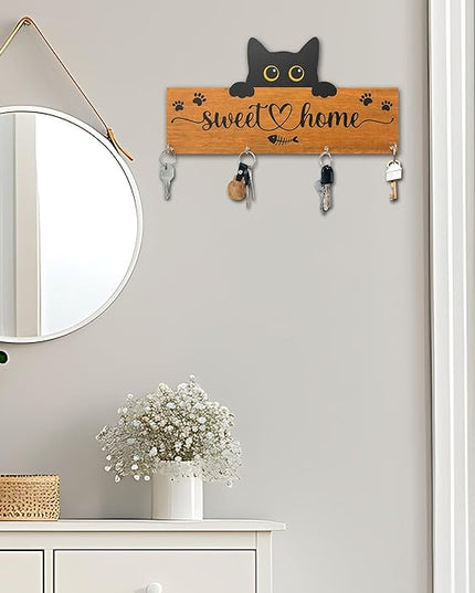 Yhtmbf Cat Sweet Home Wooden Key Holder for Wall - 5"x10" Key Organizer Hanger with 4 Hooks for Front Door Hallway Entryway Kitchen - Home Office Decor & Housewarming Gifts Supplies - A07