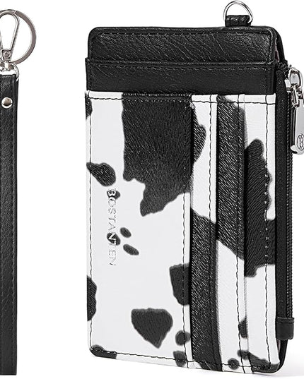 BOSTANTEN Small Wallet For Women RFID Leather Credit Card Holder Slim Wristlet Keychain Wallet With Zipper Pocket White Cow Print