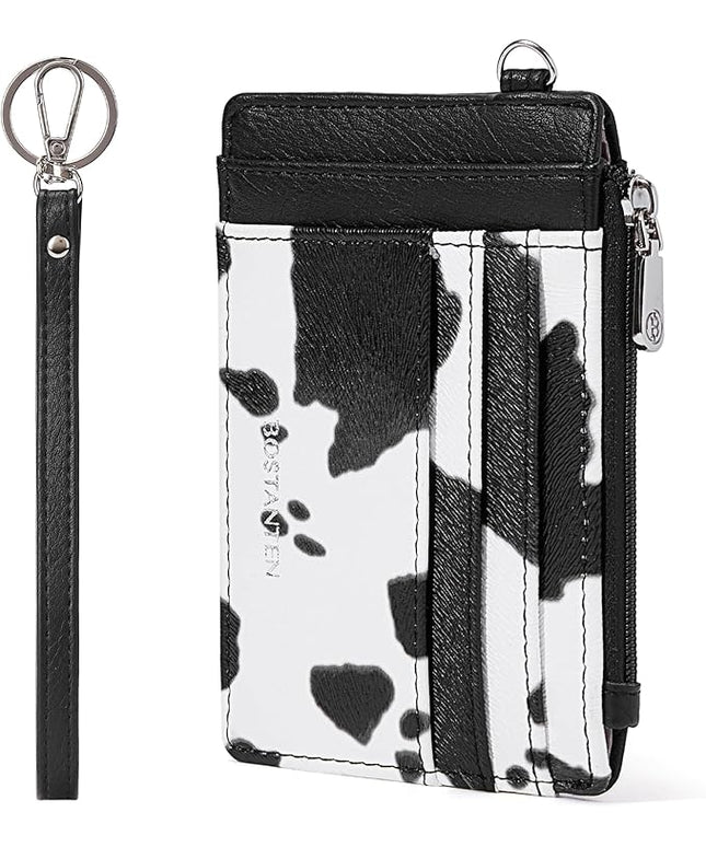 BOSTANTEN Small Wallet For Women RFID Leather Credit Card Holder Slim Wristlet Keychain Wallet With Zipper Pocket White Cow Print