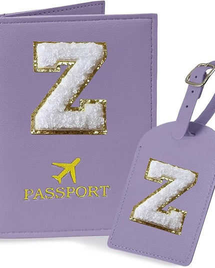COSHAYSOO Purple Passport Cover and Initial Luggage Tag Set TSA Approved with Preppy Chenille Letter Patch for Women Girl Teens, 2023 Trendy Travel Bag Backpack Suitcase Identifier Essential Gifts (Z)