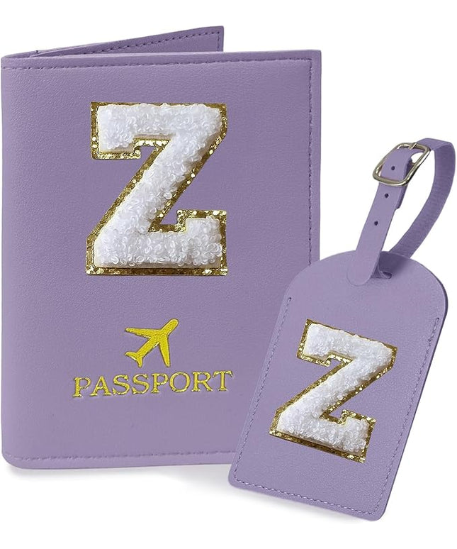 COSHAYSOO Purple Passport Cover and Initial Luggage Tag Set TSA Approved with Preppy Chenille Letter Patch for Women Girl Teens, 2023 Trendy Travel Bag Backpack Suitcase Identifier Essential Gifts (Z)