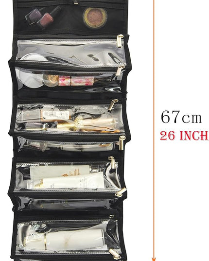 Large Capacity Hanging Eco Polyester Travel Toiletry Bag Makeup Cosmetic Bag 4-in-1 Roll-Up Make Up Storage Organizer With 4 detachable Removable Zipper Clear TPU Pouches & Hook
