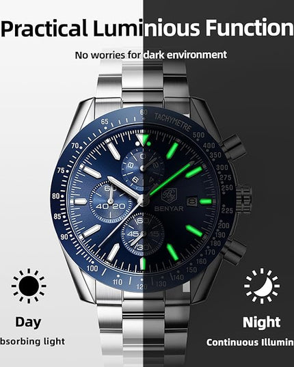 BY BENYAR Watch for Men Analog Quartz Chronograph Waterproof Luminous Designer Mens Wrist Watches Business Work Sport Casual Dress Watch with Silicone Strap Elegant Gifts for Men