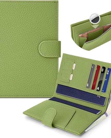 Genuine Leather Passport Holder for Women Men, Hidden Airtag Pocket, RFID Blocking, Zippered Coins Pocket & Cash Compartment Travel Gifts Essentials Passport Cover Case - Green