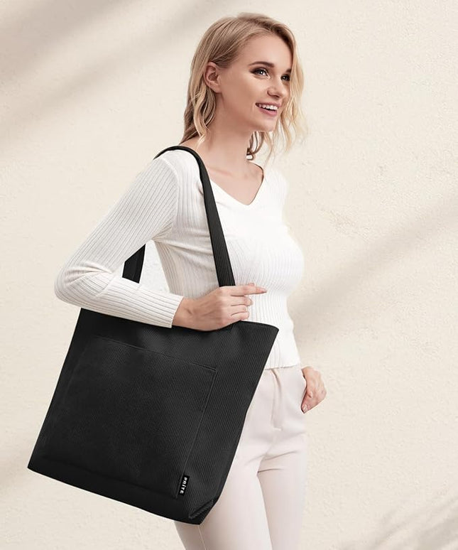 Prite Corduroy Tote Bag for Women Large Shoulder Bag with Zipper and Pockets for College Work Travel Shopping