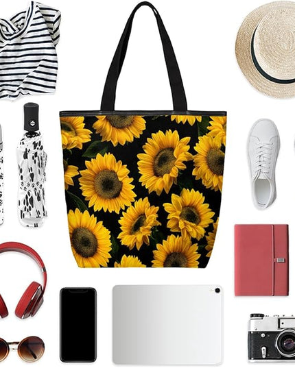 Pardick Canvas Tote Bags, Sunflower Floral Tote Bag Eco Friendly Reusable Grocery Shopping Bagsfor Beach, Books, Women with Zipper Inner Pocket