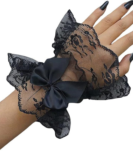 OYOANGLE Women's Floral Lace Bow Front Short Wrist Cuff Wedding Wrist Length Bridal Prom Gloves